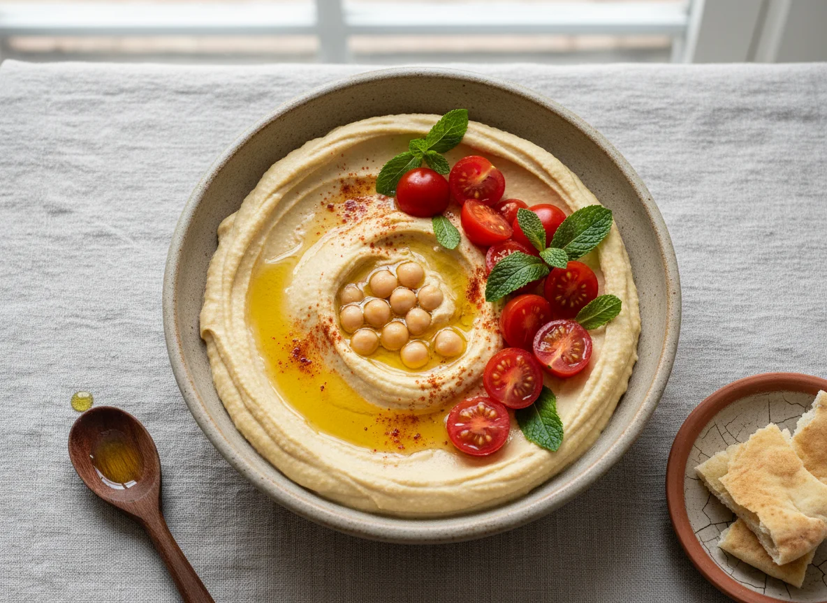Hummus with Olive Oil and Garnish photo