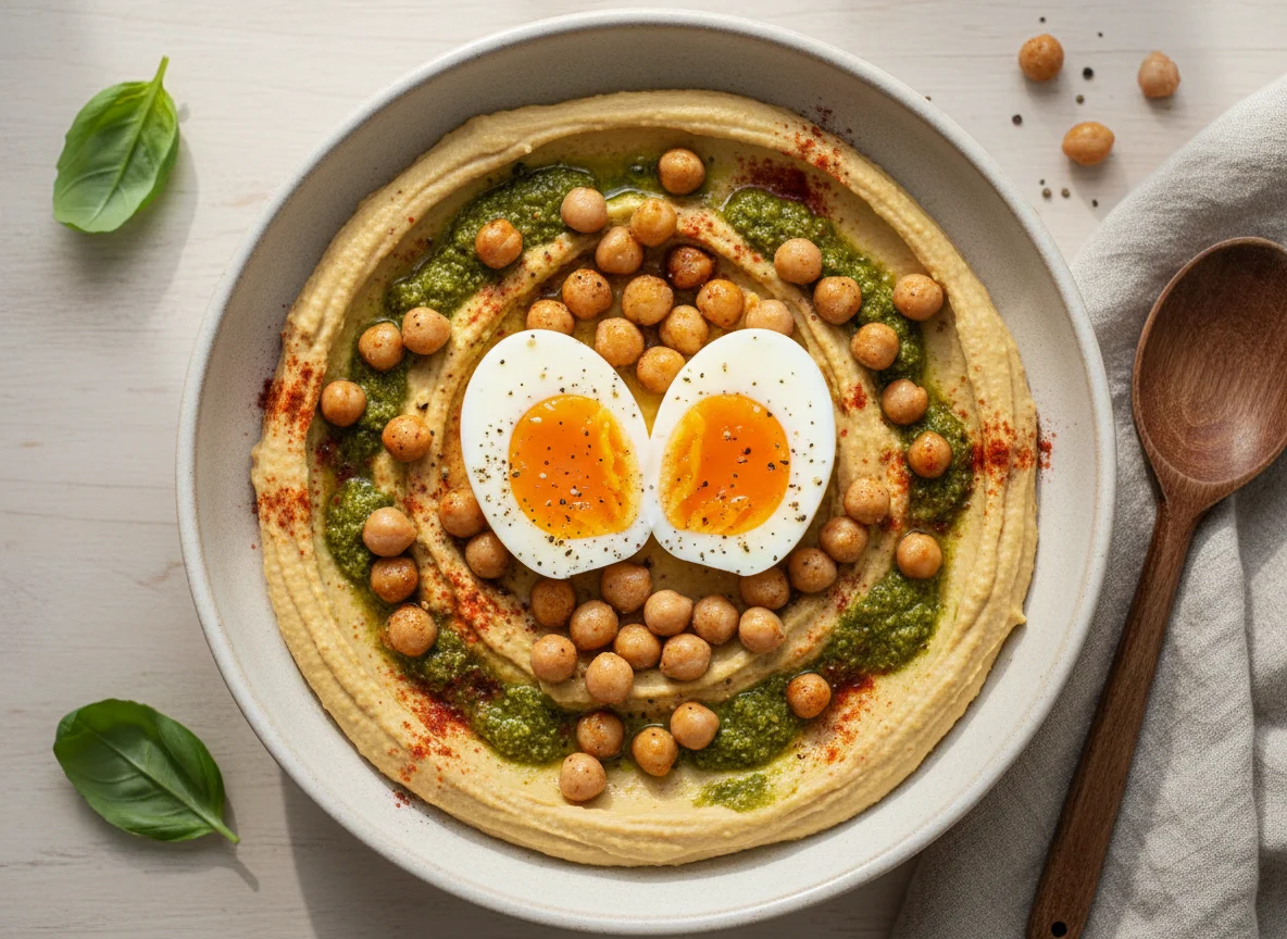 Hummus with Soft-Boiled Eggs and Chickpeas photo