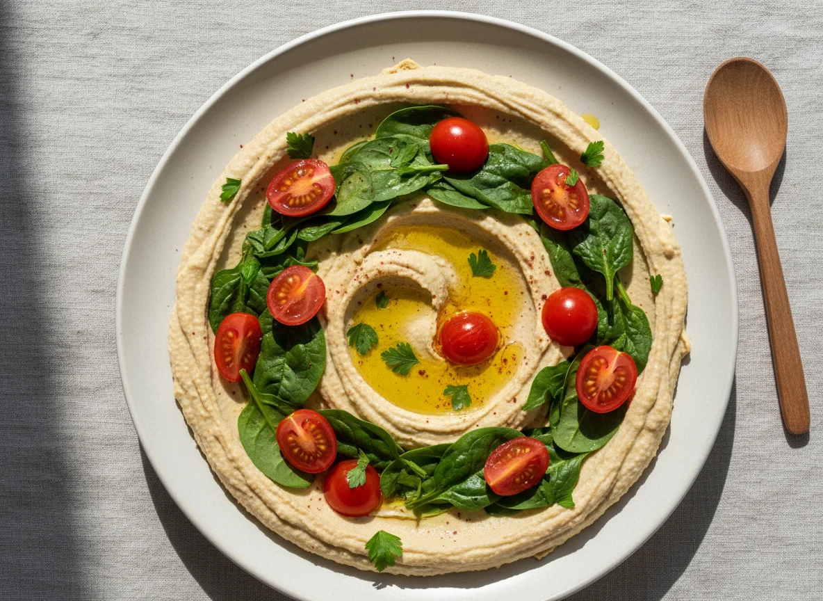 Hummus with Spinach and Cherry Tomato photo