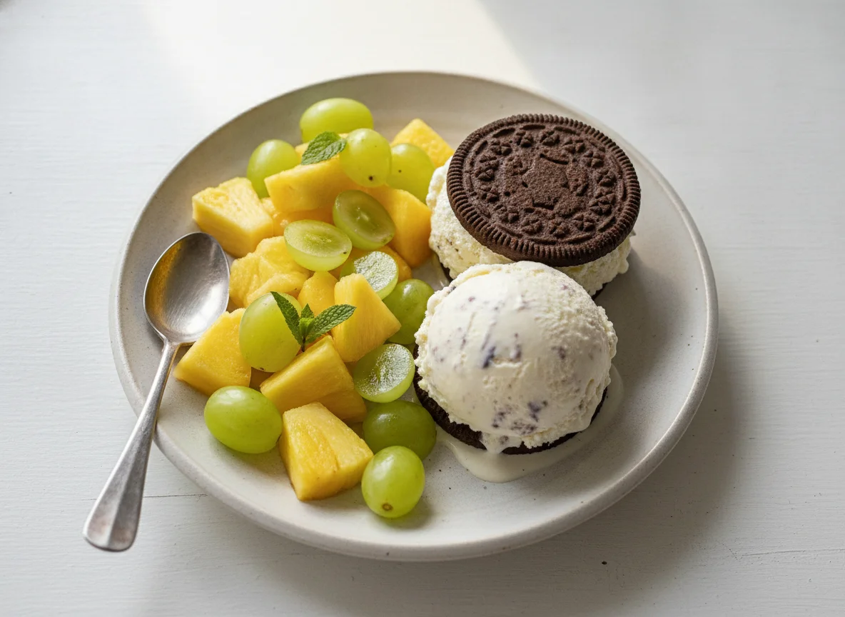 Ice Cream Sandwich and Fruit Salad photo