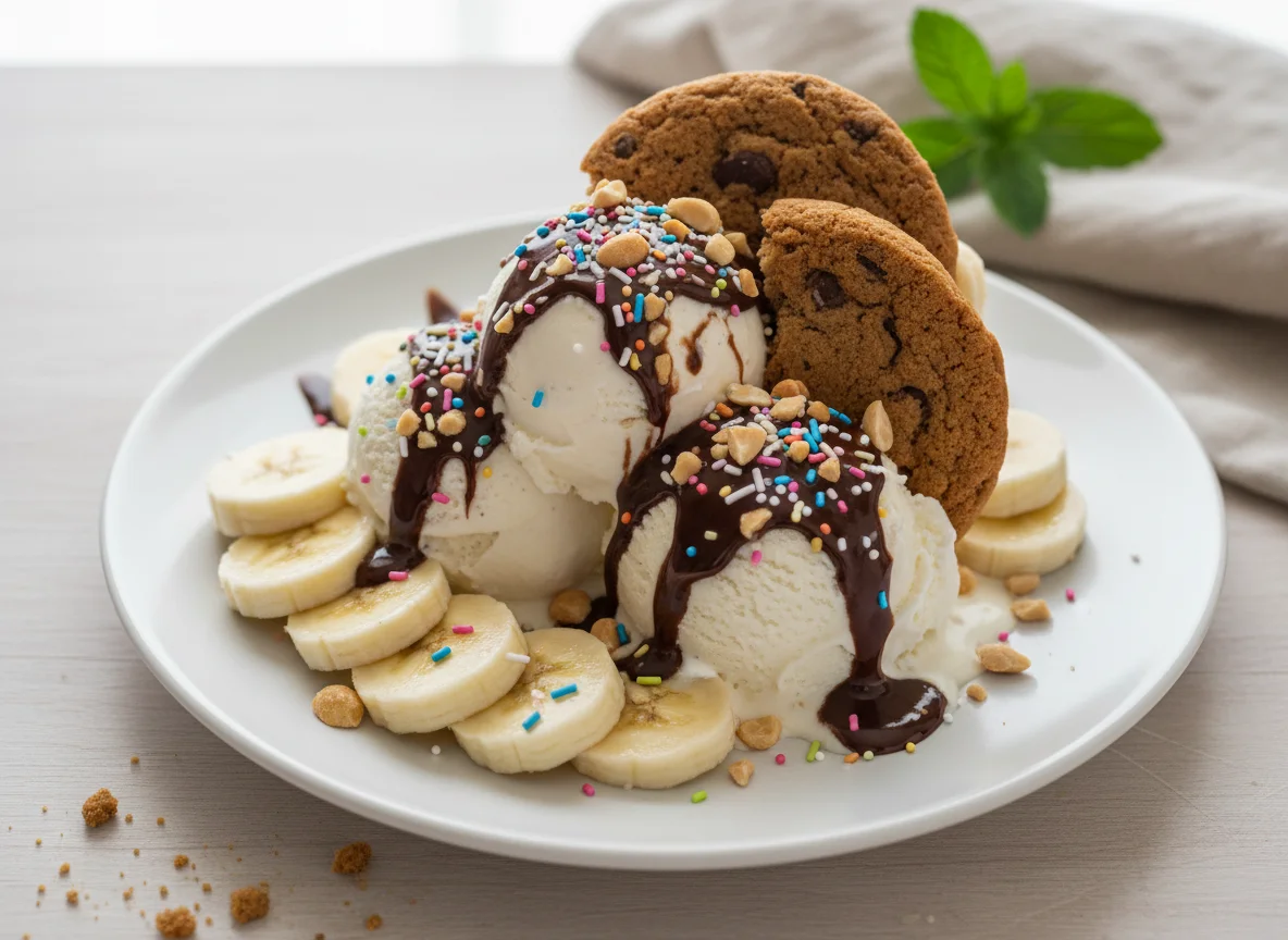Ice Cream Sundae with Fruit and Cookie photo