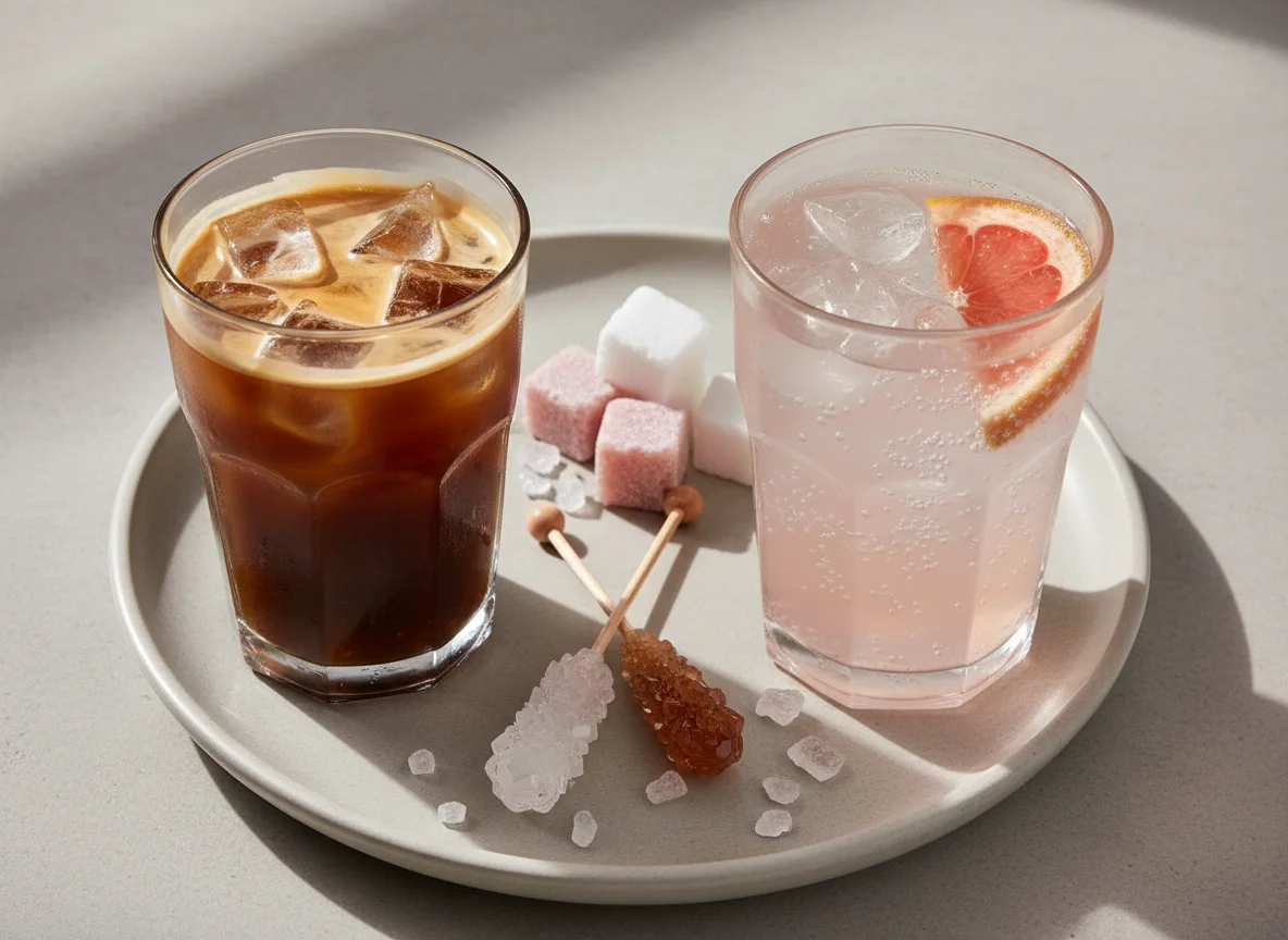 Iced Coffee and Pink Grapefruit Soda with Sweets photo