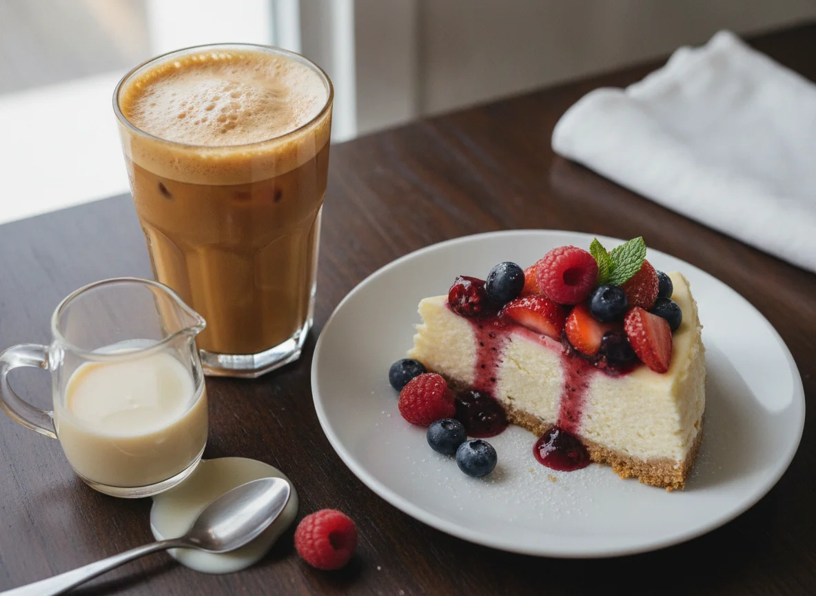 Iced Coffee with Foam and Berry Cheesecake photo