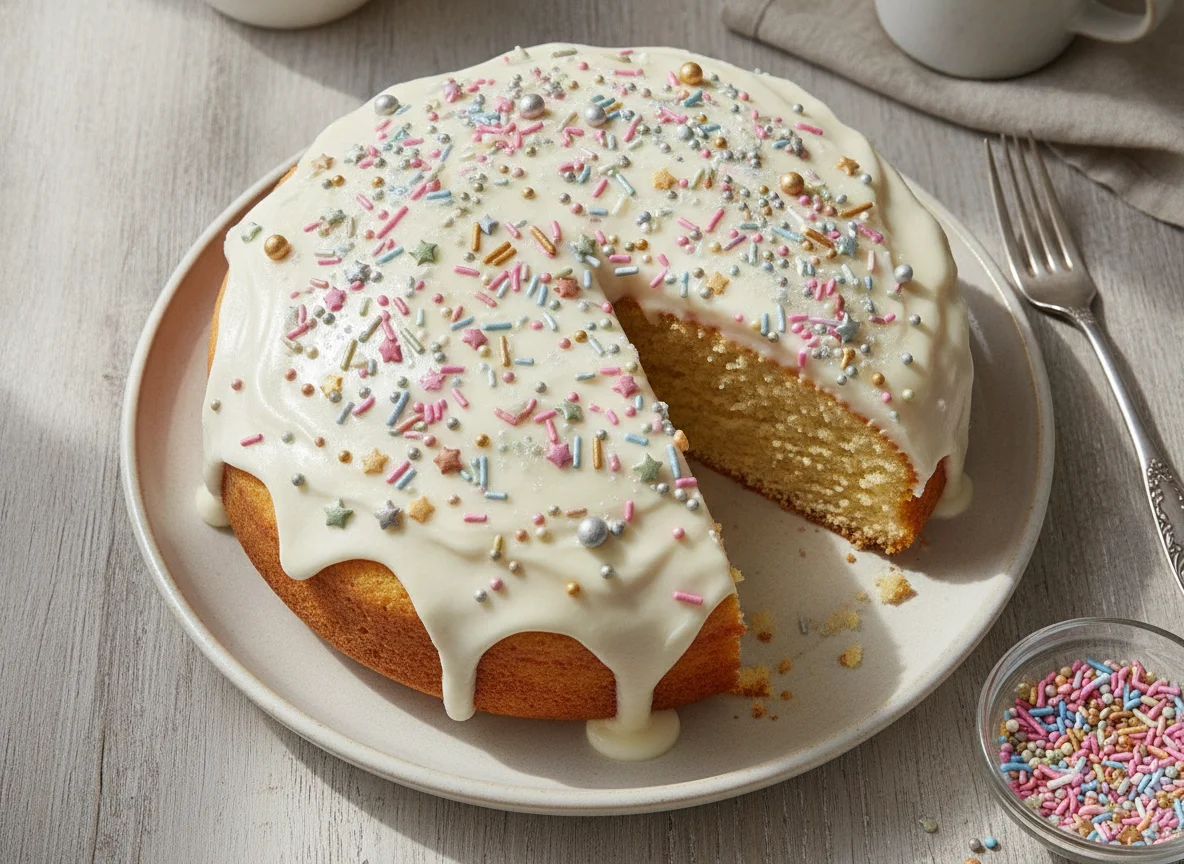 Iced sponge cake with sprinkles photo