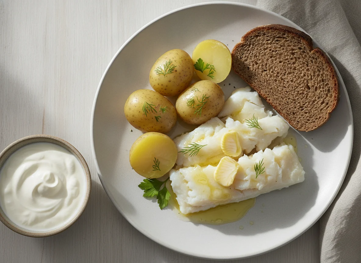 Icelandic Boiled Fish with Potatoes and Rye Bread photo