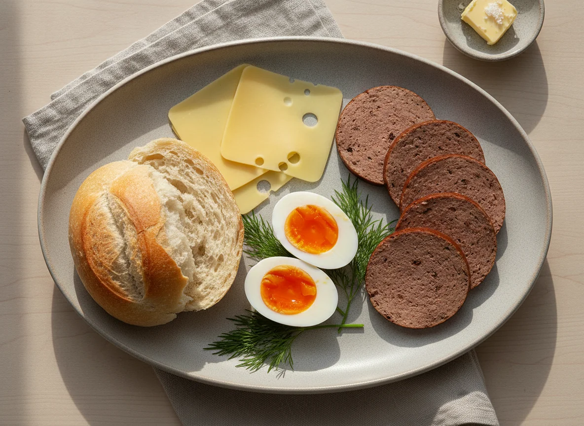 Icelandic breakfast plate with bread, cheese, egg and lifrarpylsa photo