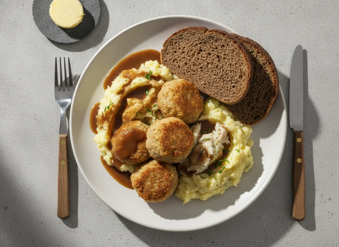 Icelandic Fish Balls with Mashed Potatoes and Rye Bread photo