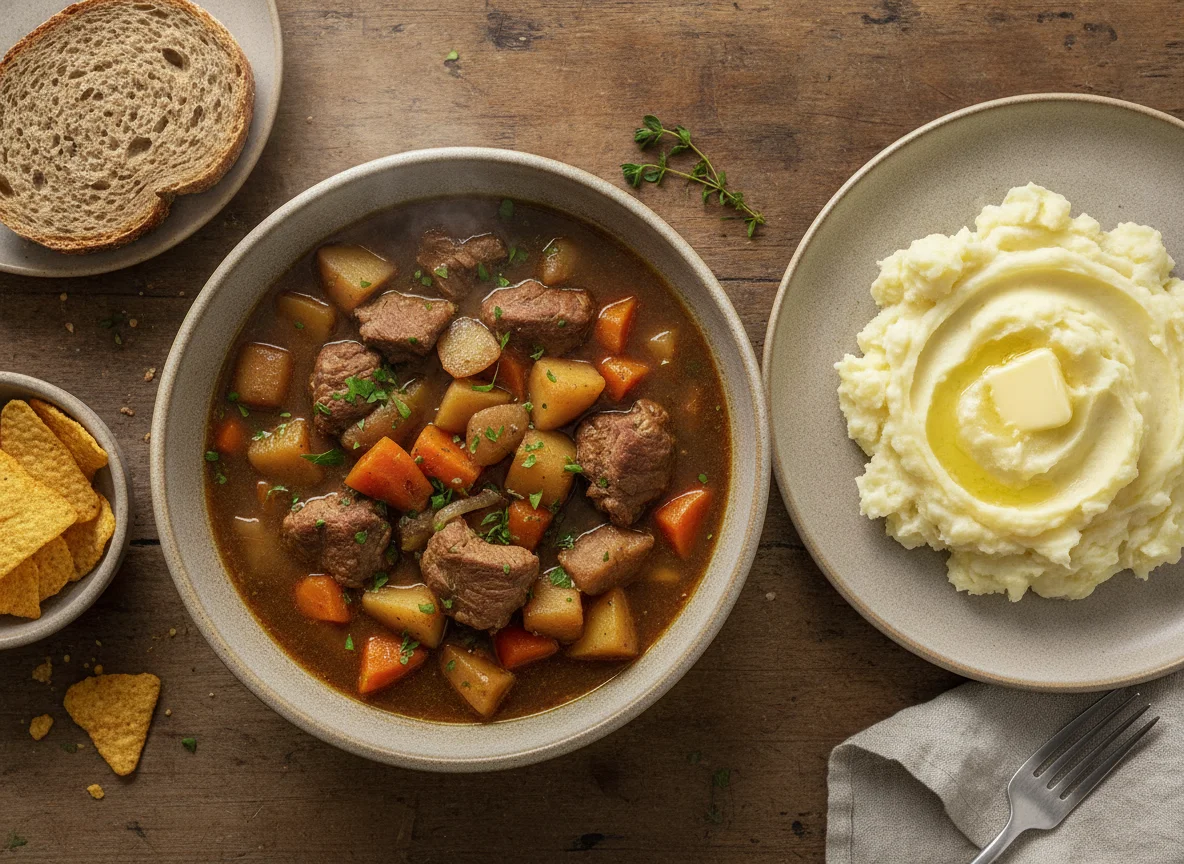 Icelandic Lamb Stew with Mashed Potatoes and Bread photo