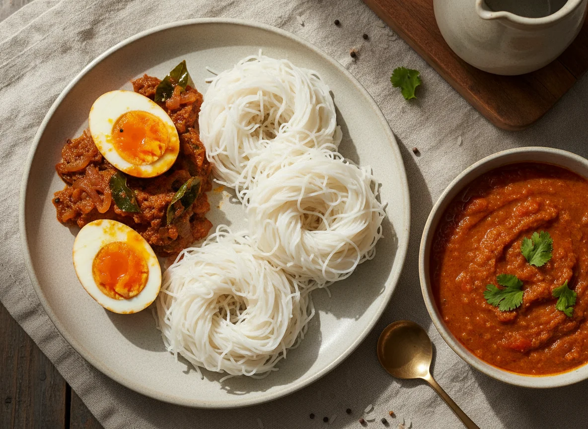 Idiyappam with Egg Roast and Tomato Onion Curry photo