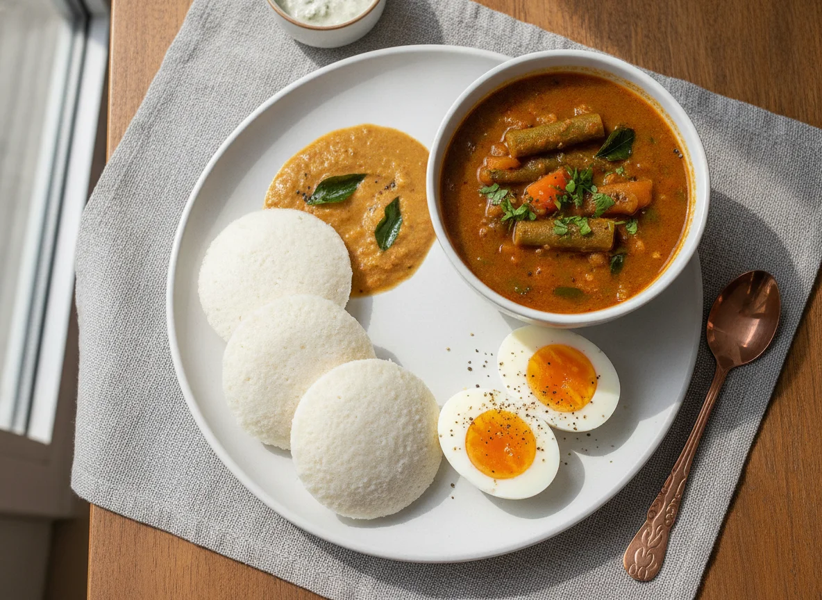 Idli, Sambar and Boiled Eggs photo