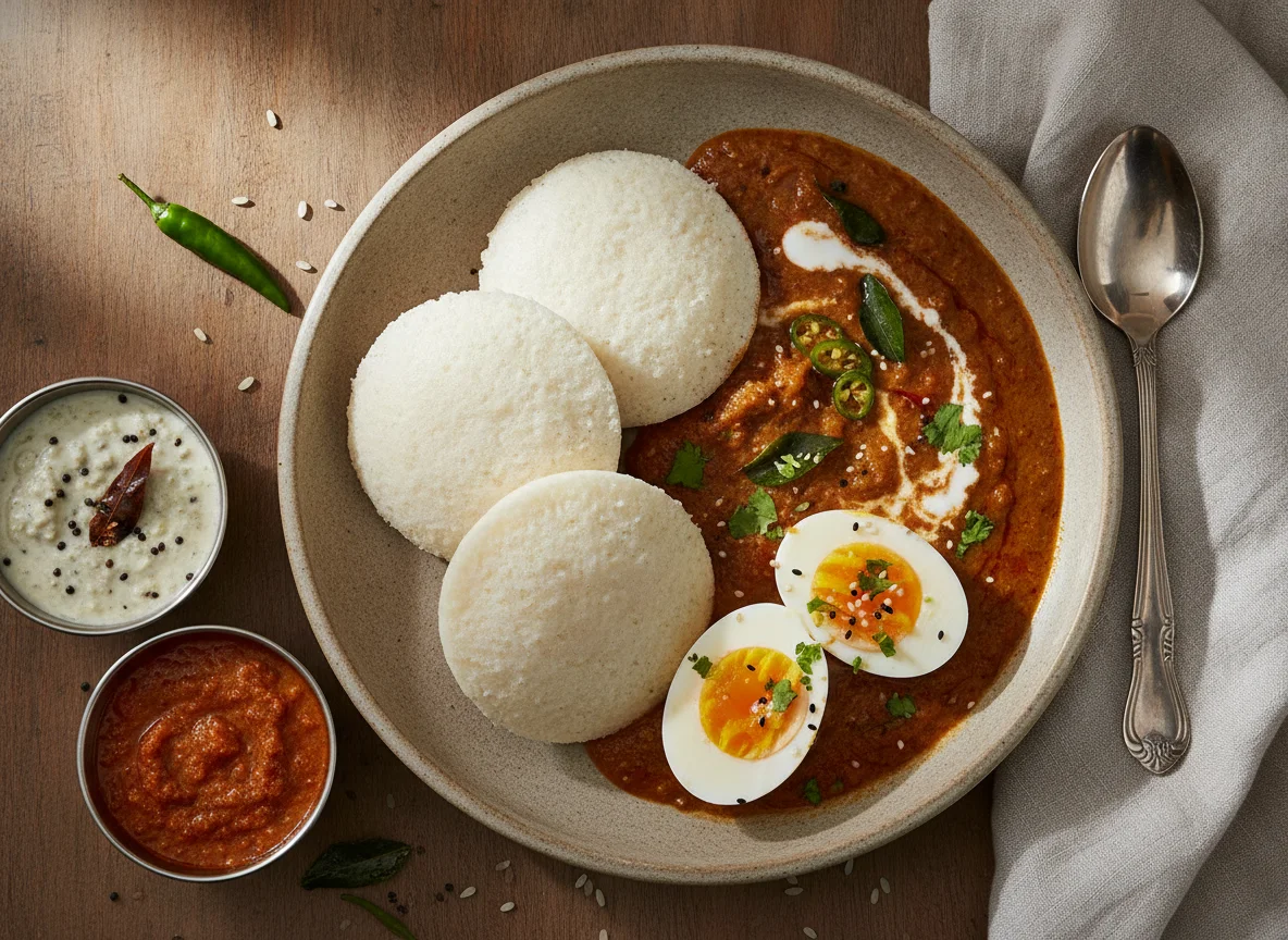 Idli Sambar with Boiled Eggs photo