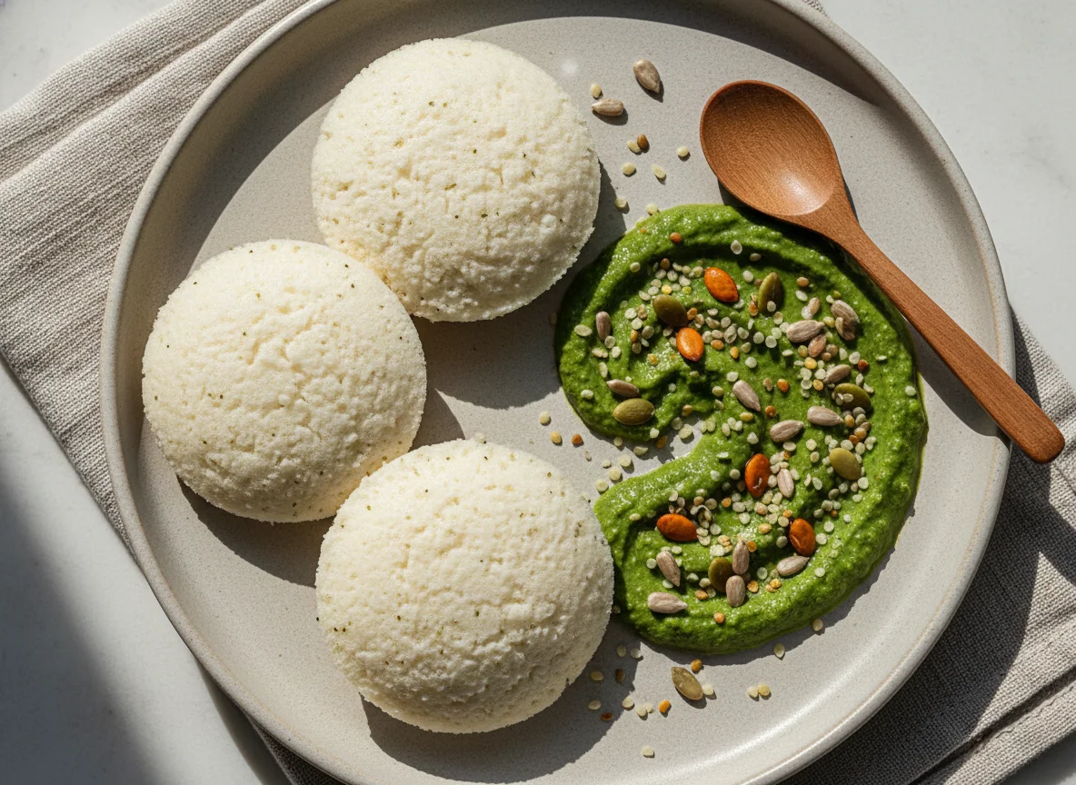 Idli with Chutney and Seeds photo