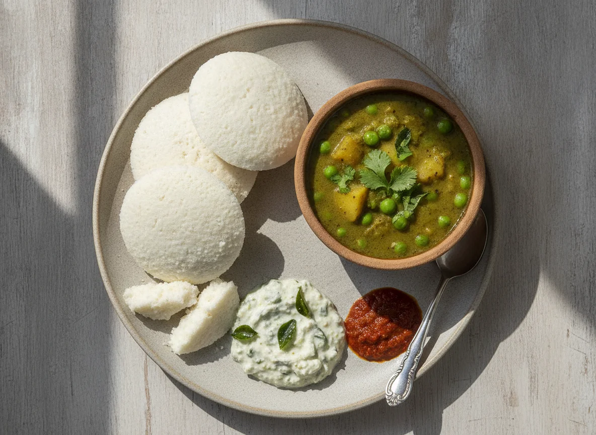 Idli with Green Pea Curry and Chutney photo