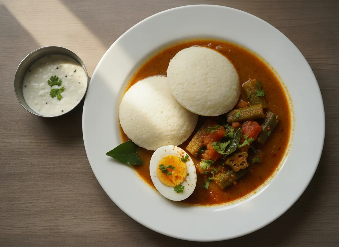Idli with Sambar and Boiled Egg photo