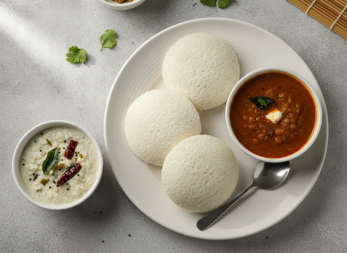 Idli with Sambar and Coconut Chutney photo