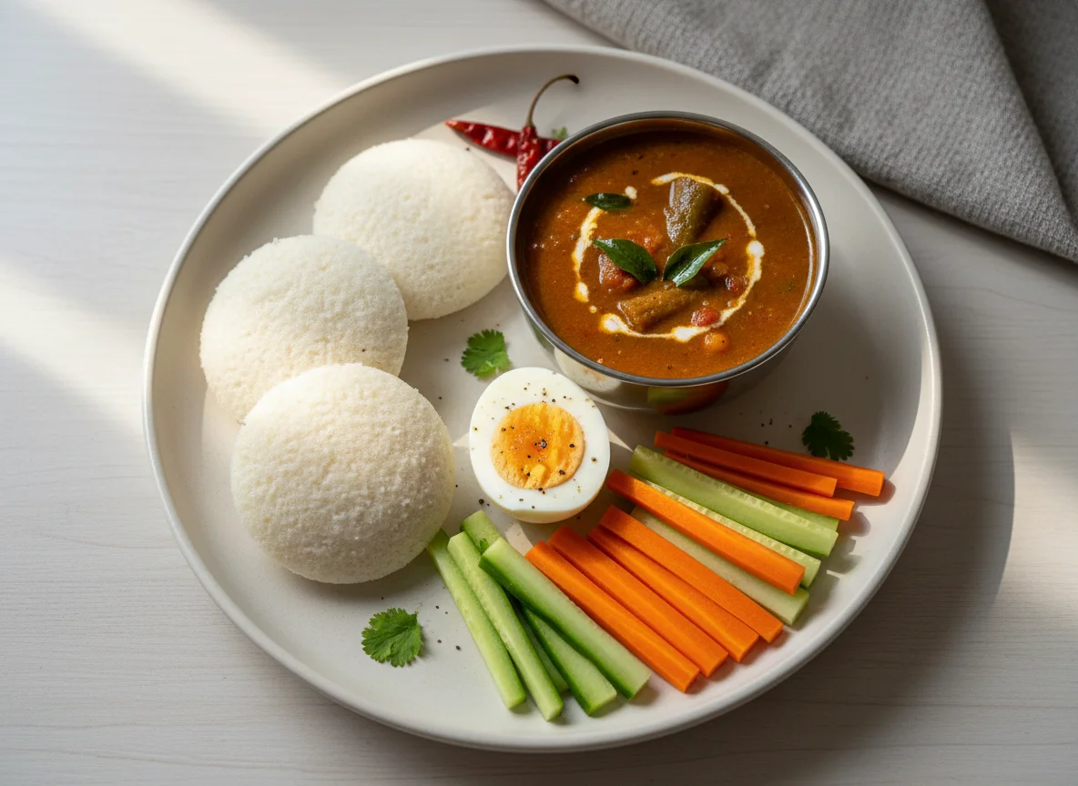 Idli with Sambar, Egg, and Vegetables photo