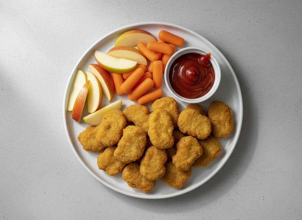 Impossible Nuggets, Apple Slices, Baby Carrots, and Ketchup photo