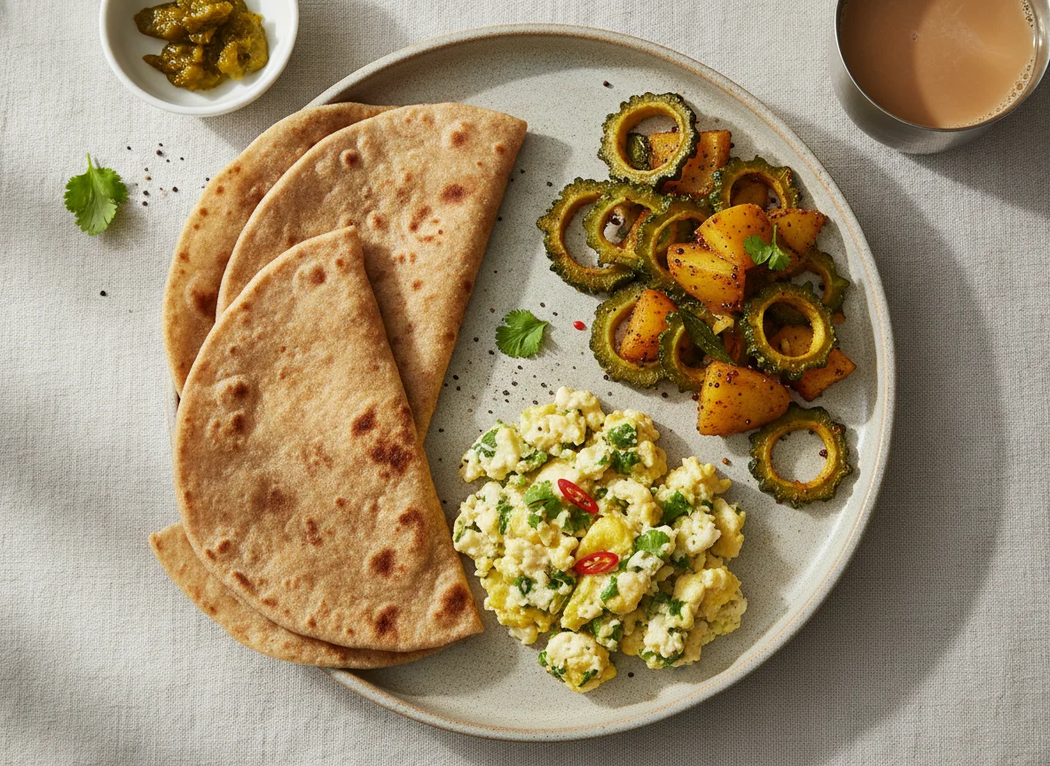 Indian Breakfast Plate with Roti, Scrambled Eggs, and Bitter Gourd Sabzi photo