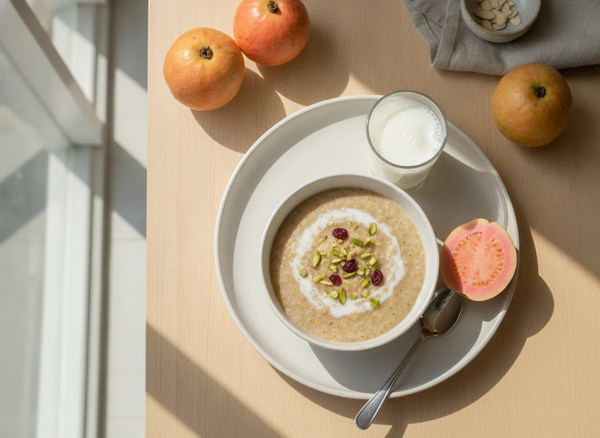 Indian Breakfast with Milk, Guava, and Daliya photo
