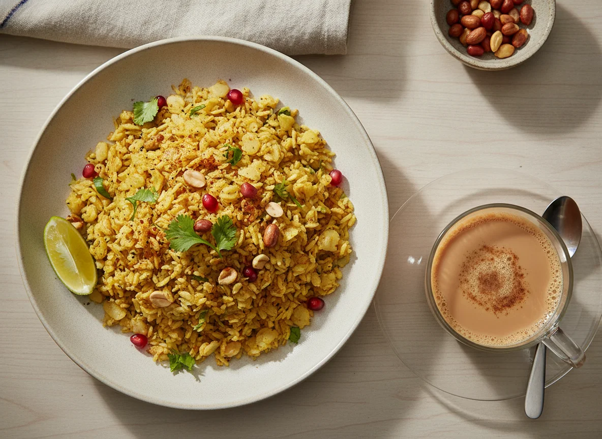 Indian Breakfast with Poha and Tea photo