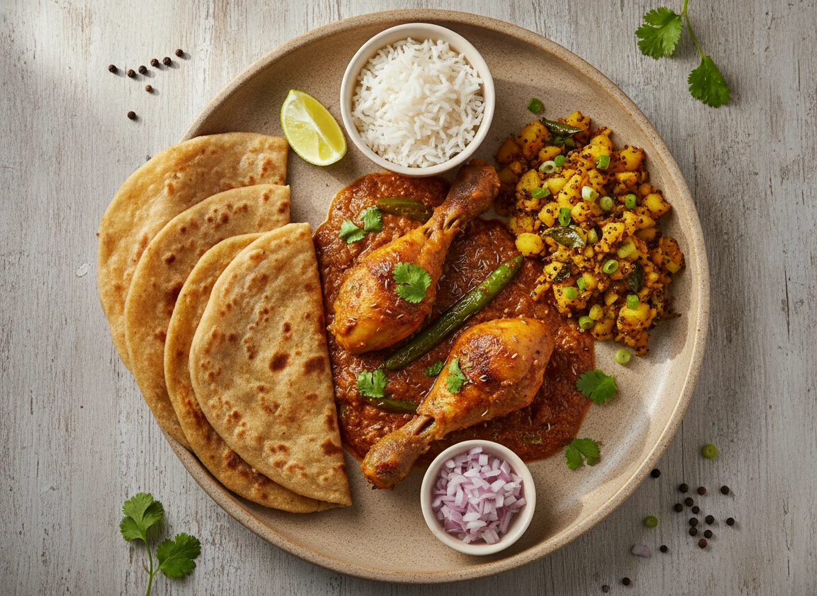 Indian Chicken Curry Meal with Paratha and Potato Fry photo