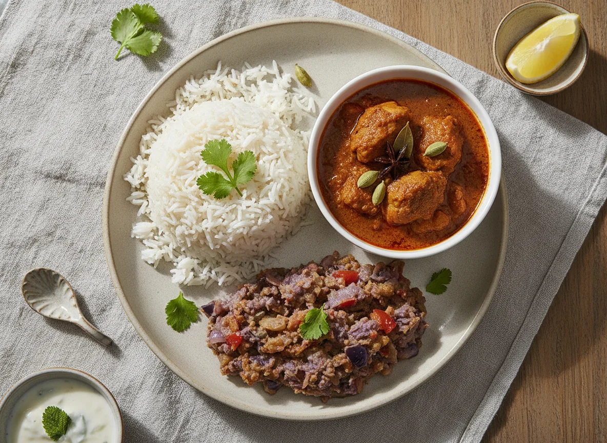 Indian Chicken Curry Meal with Rice and Eggplant Smash photo