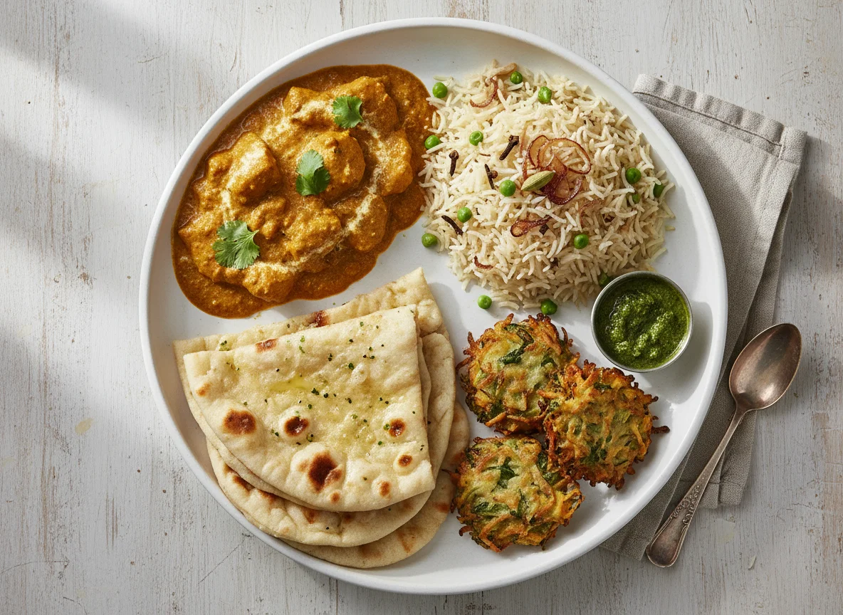 Indian Curry Platter with Naan, Rice, and Pakora photo