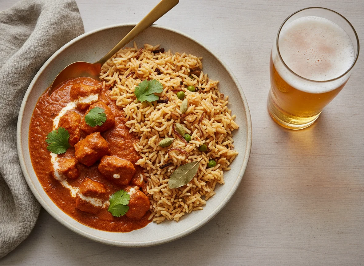 Indian Curry with Pilau Rice and Beer photo