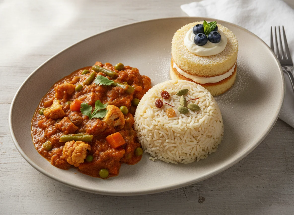 Indian Curry with Pilau Rice and Cake photo