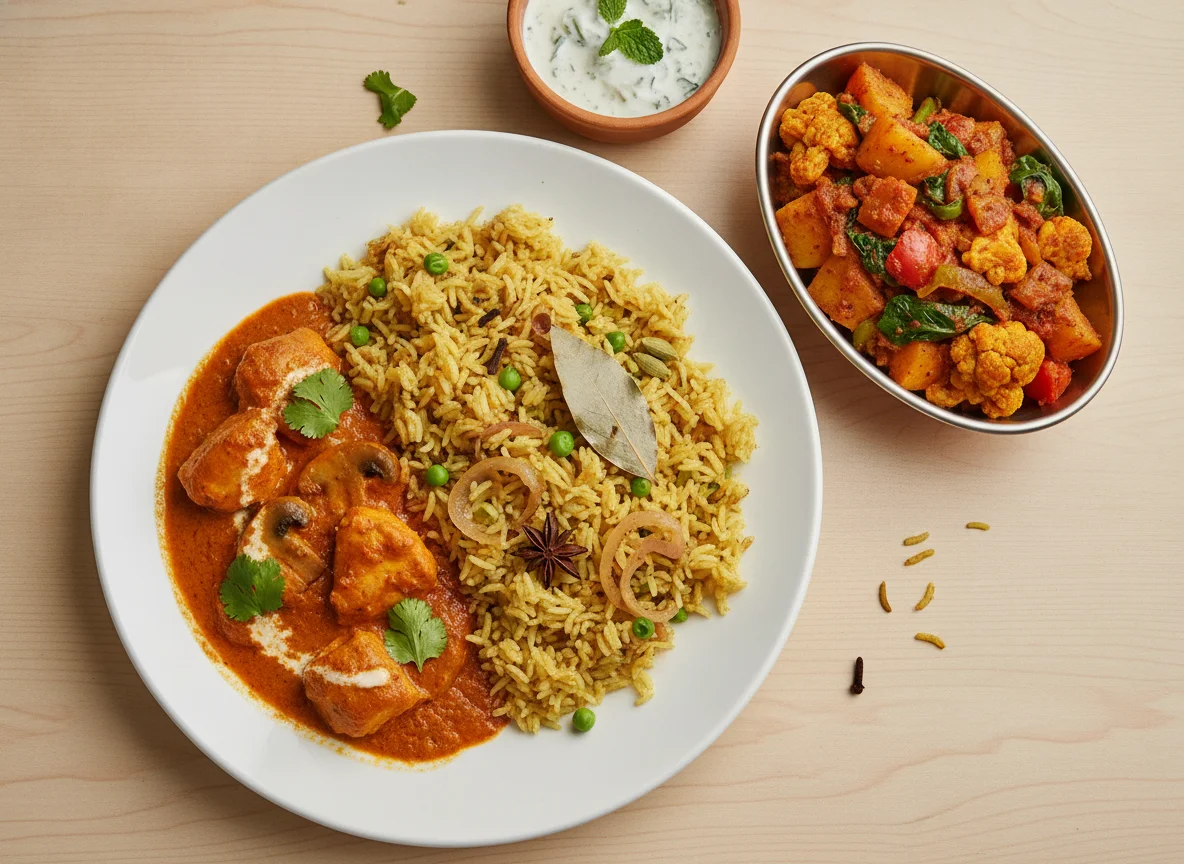 Indian Curry with Pilau Rice and Side Dish photo