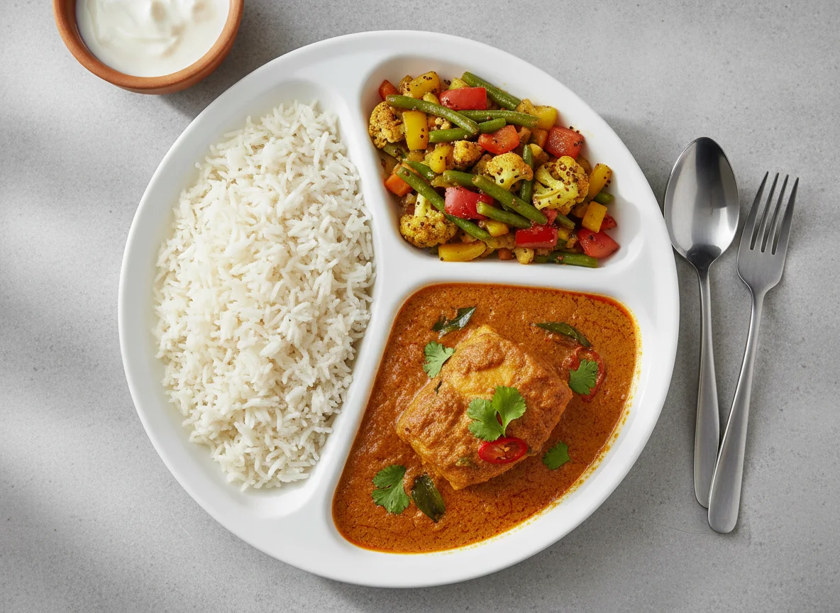 Indian Fish Curry Meal with Rice and Vegetable Stir-fry photo