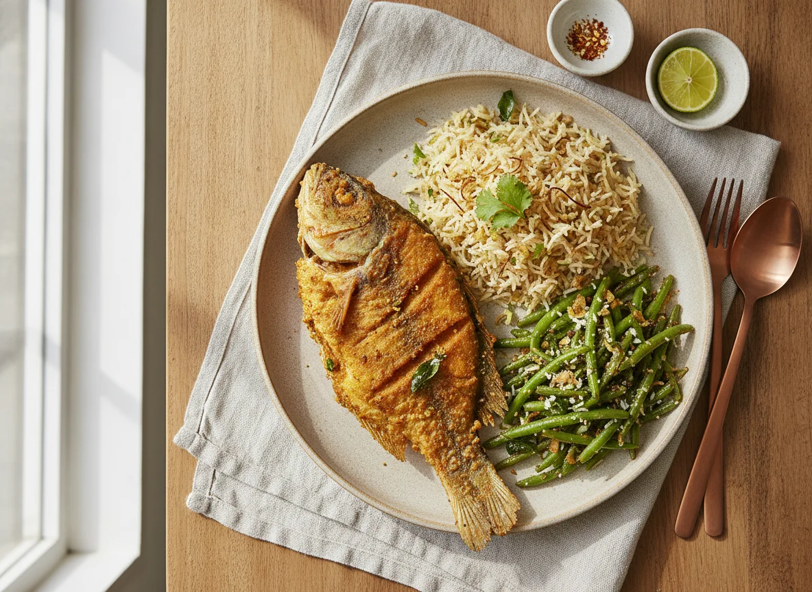 Indian Fish Fry Meal with Rice and Green Beans photo