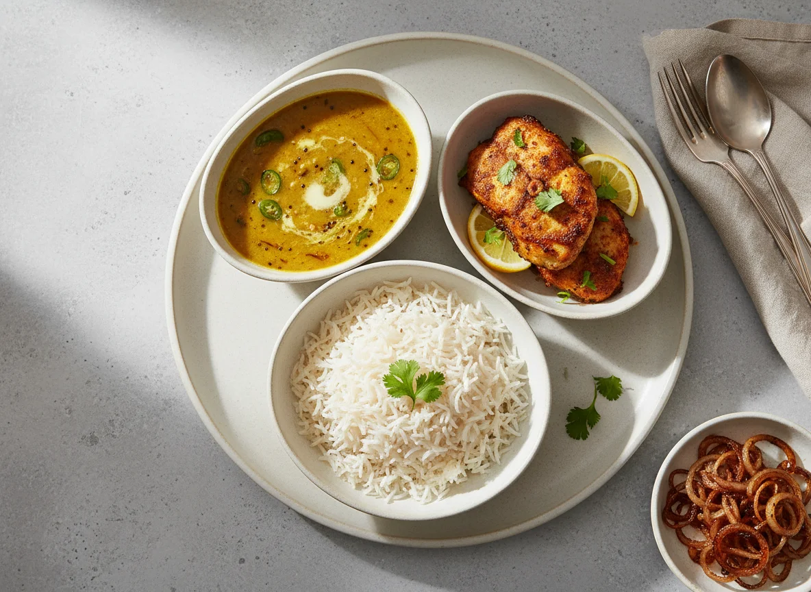 Indian Fish Thali with Dal and Rice photo
