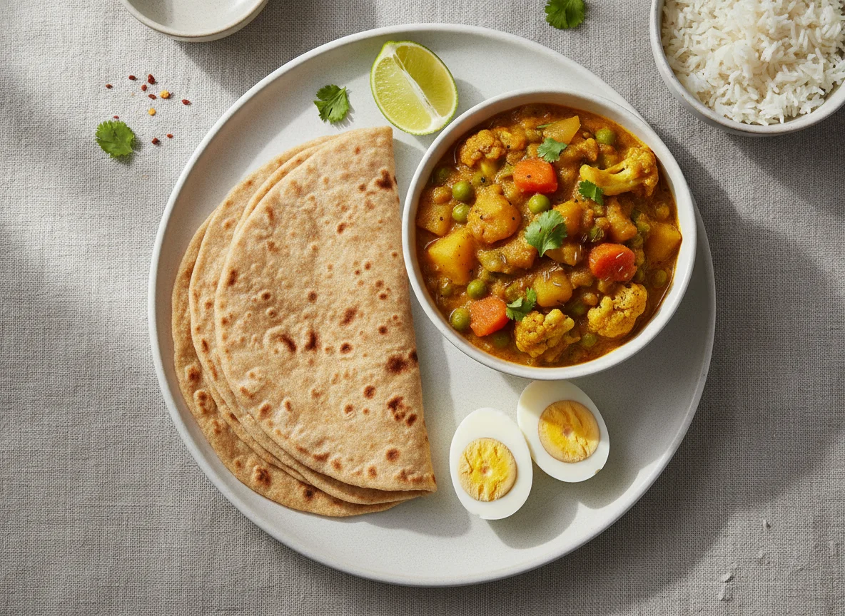 Indian Flatbread with Boiled Eggs and Vegetable Curry photo