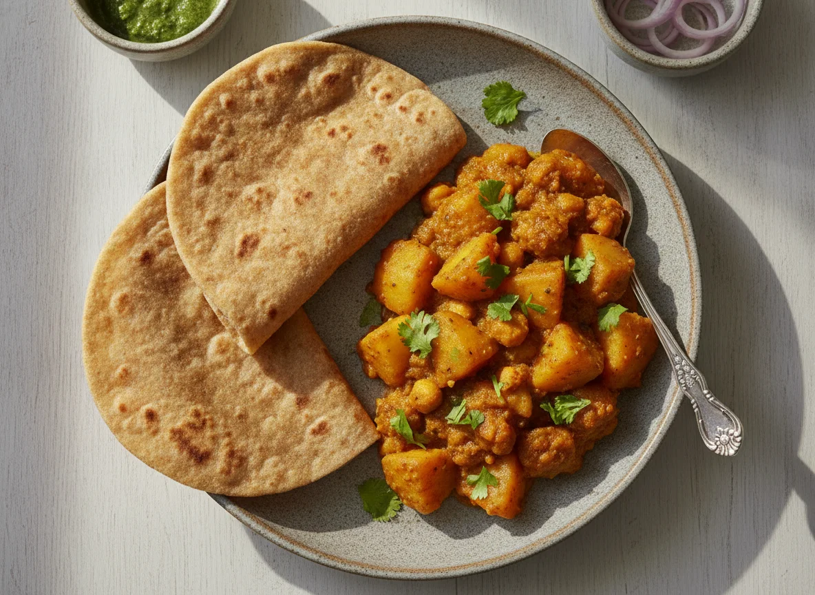 Indian Flatbread with Potato and Soya Chunk Curry photo