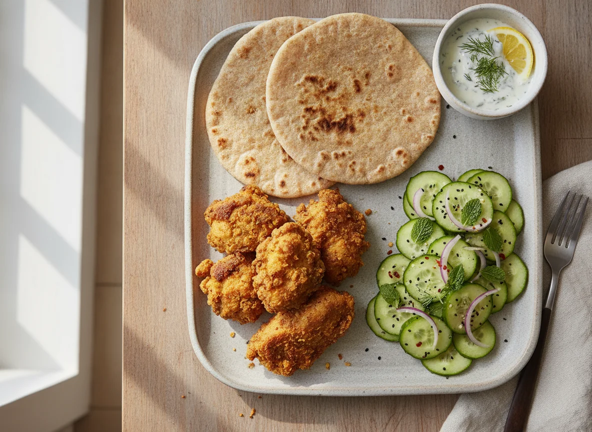 Indian Fried Chicken with Roti and Cucumber Salad photo