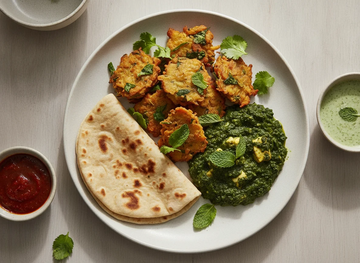 Indian Fried Snacks with Flatbread and Greens photo