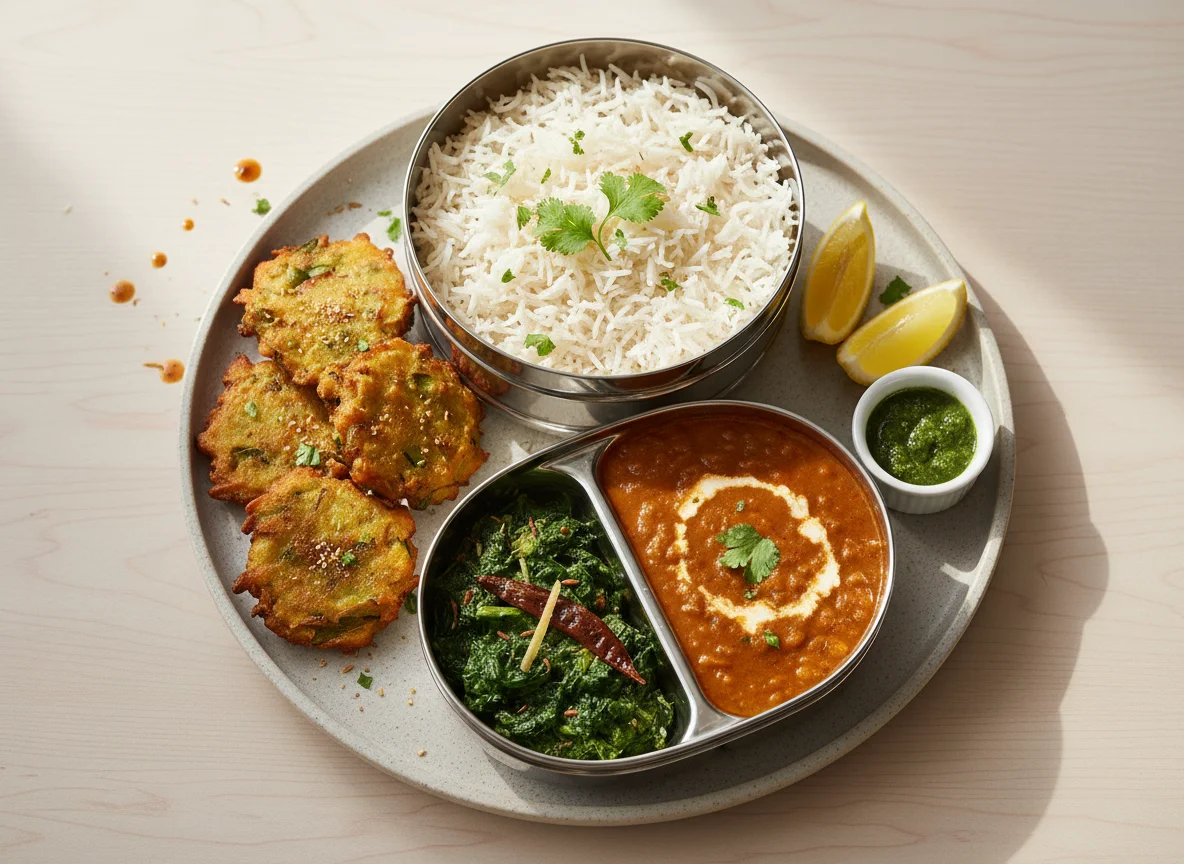 Indian Lunch Box with Rice and Vegetable Pakora photo