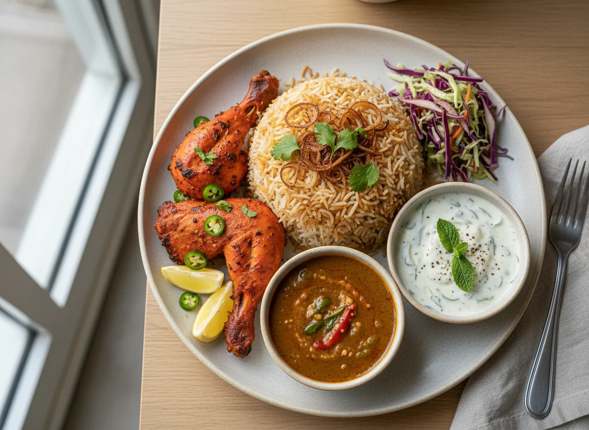 Indian Meal Platter (Biryani, Tandoori Chicken, Salan, Raita) photo