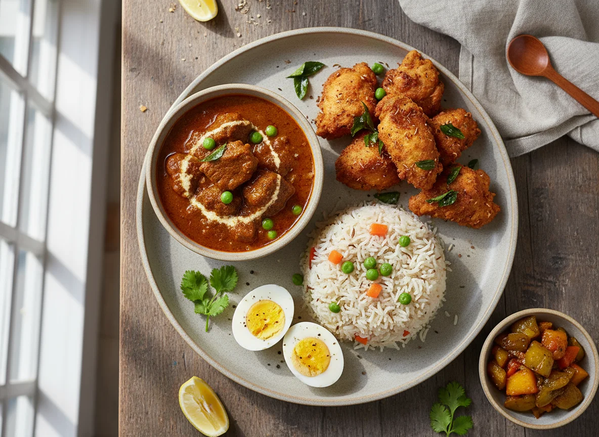 Indian Meal Platter with Rice, Chicken, Eggs, and Curry photo