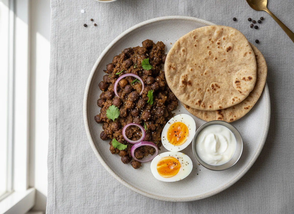 Indian Meal with Chana Masala, Boiled Eggs, and Roti photo