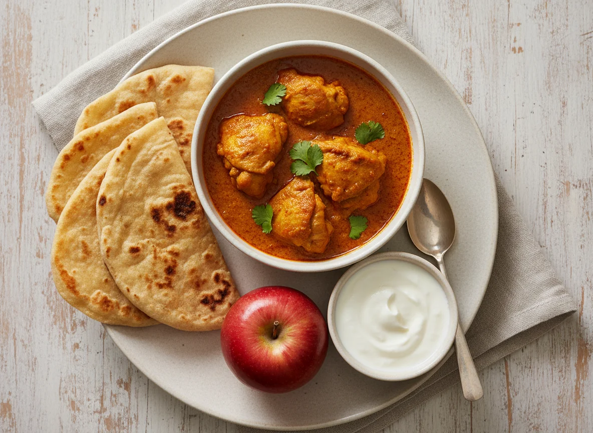 Indian Meal with Chicken Curry, Roti, Yogurt and Apple photo