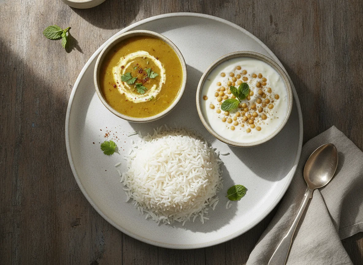 Indian Meal with Dal, Rice, and Raita photo