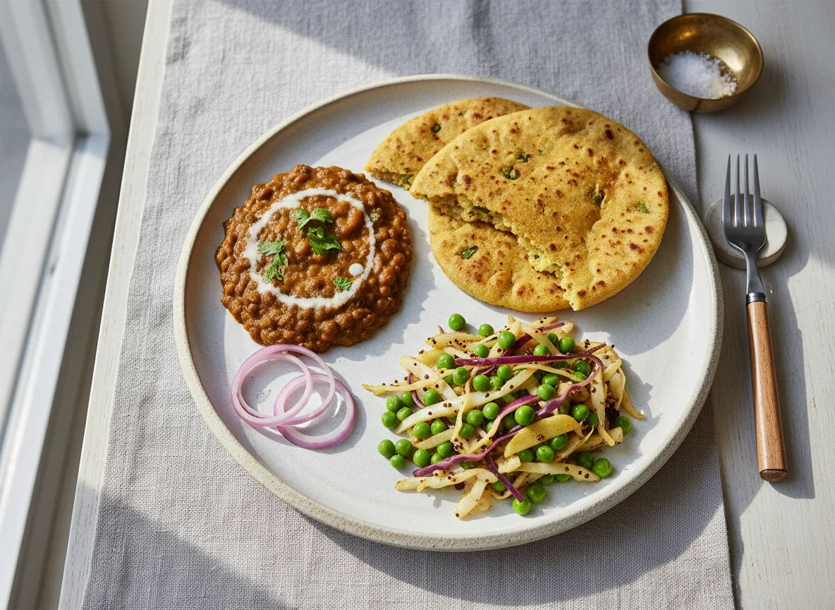 Indian Meal with Dal, Roti, and Vegetable Stir-fry photo