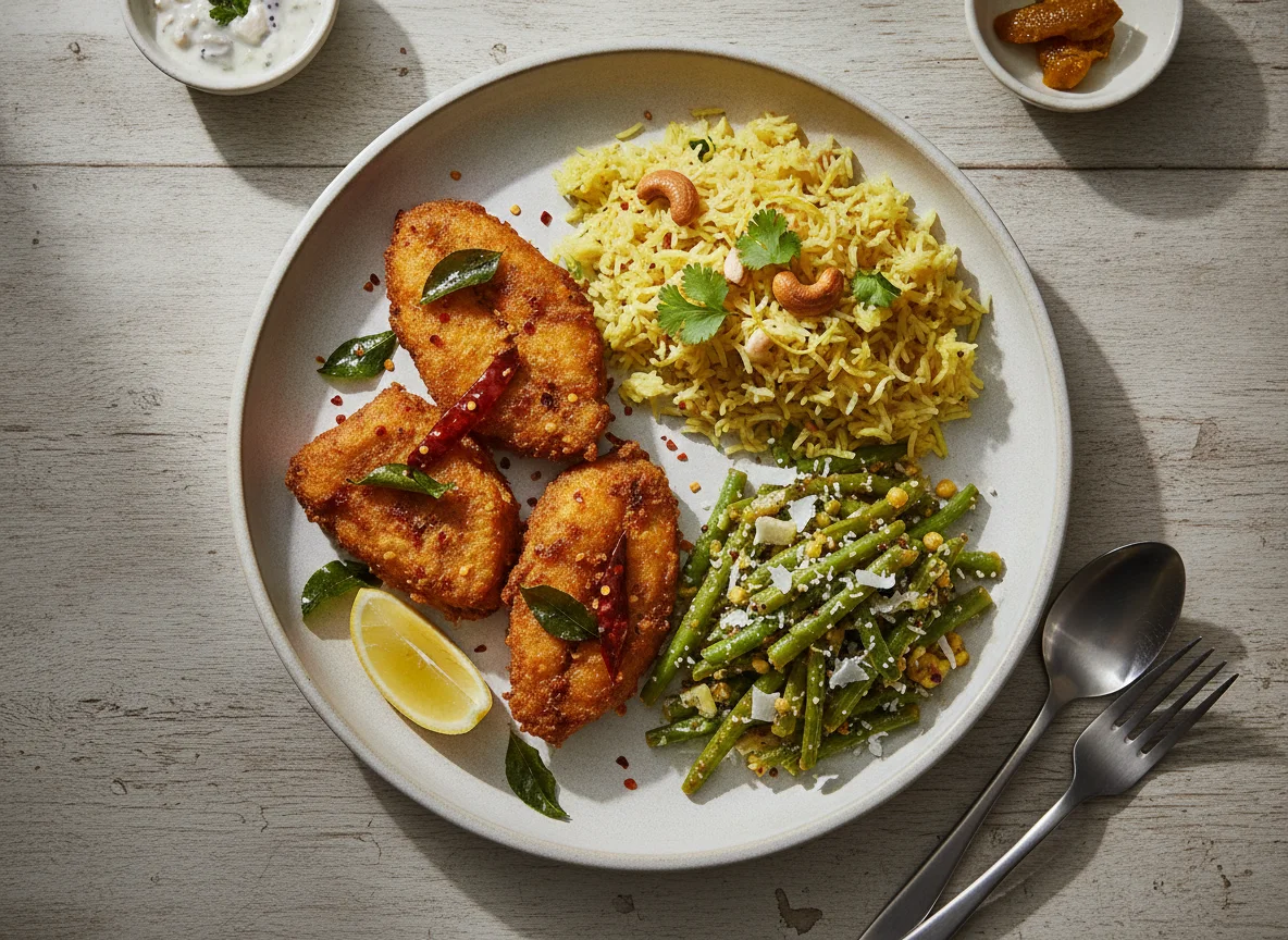 Indian Meal with Fish, Rice, and Green Beans photo