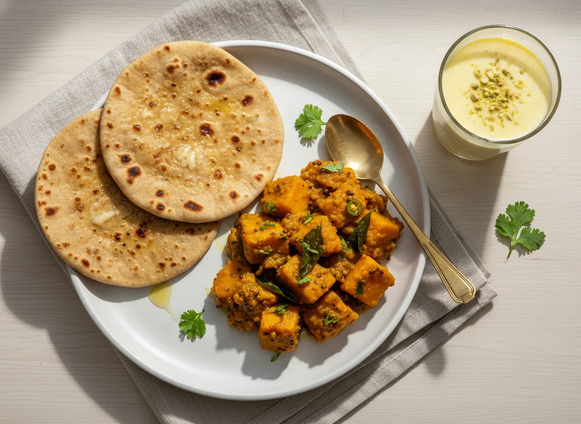 Indian Meal with Lassi, Roti, and Kadu ki Sabzi photo
