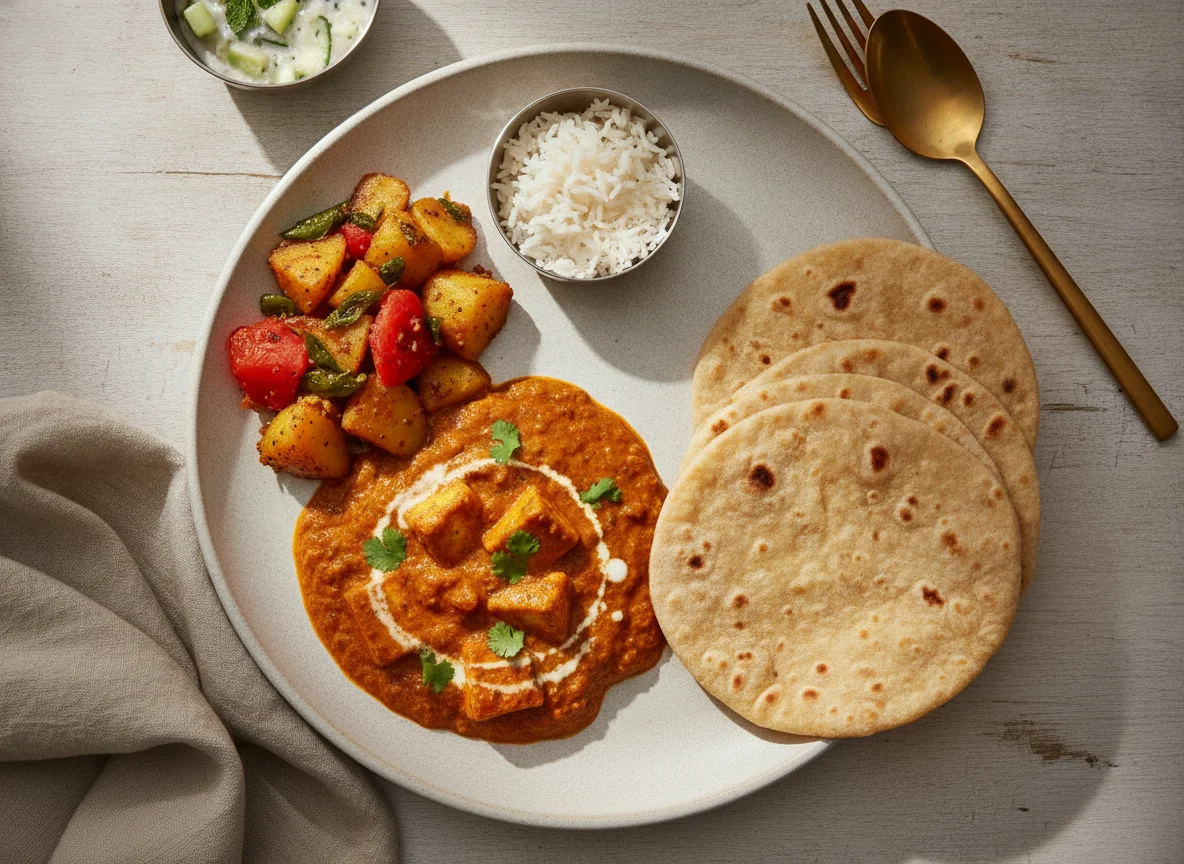 Indian Meal with Paneer Curry, Potato Tomato Sabzi, and Roti photo