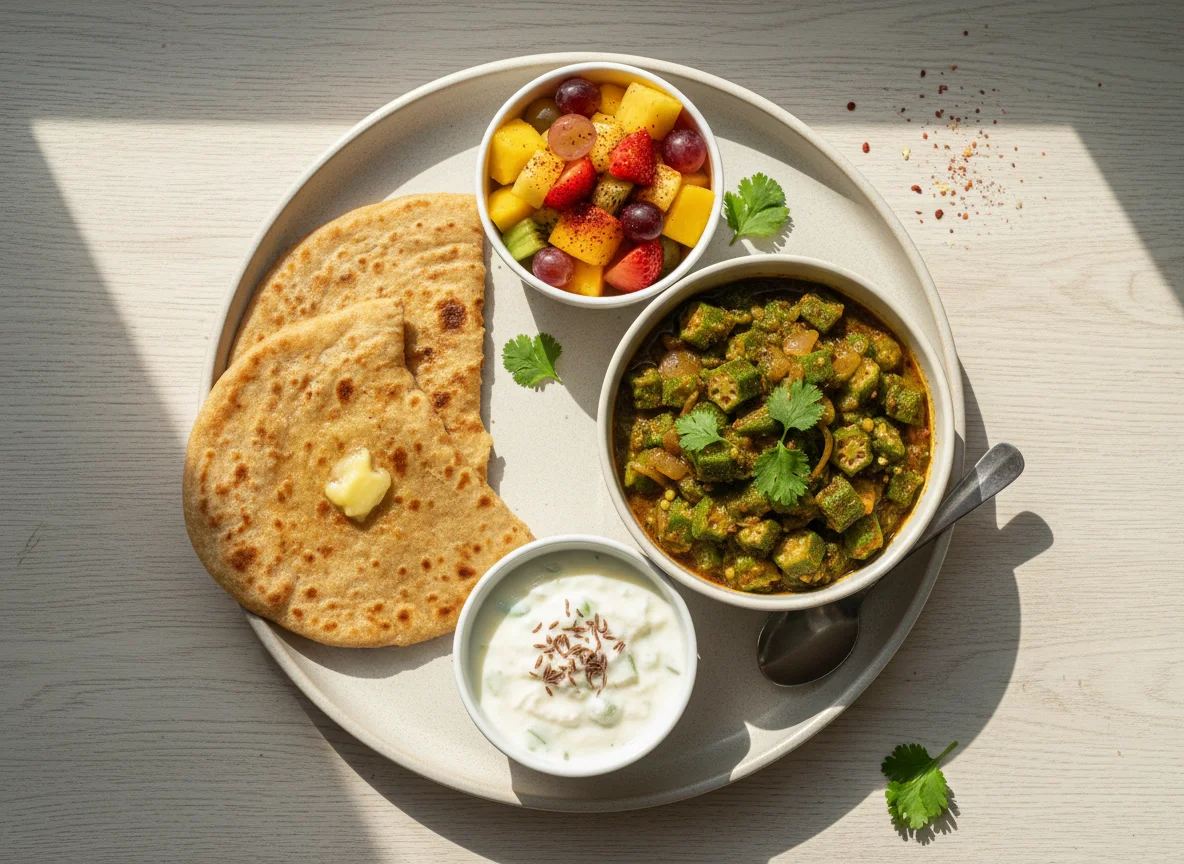 Indian Meal with Paratha, Bhindi Sabzi, Fruit Salad, and Raita photo