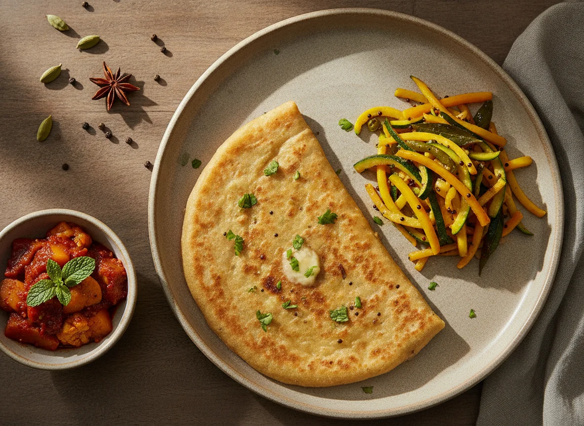 Indian Meal with Paratha, Stir-fried Vegetables, and Pickle photo