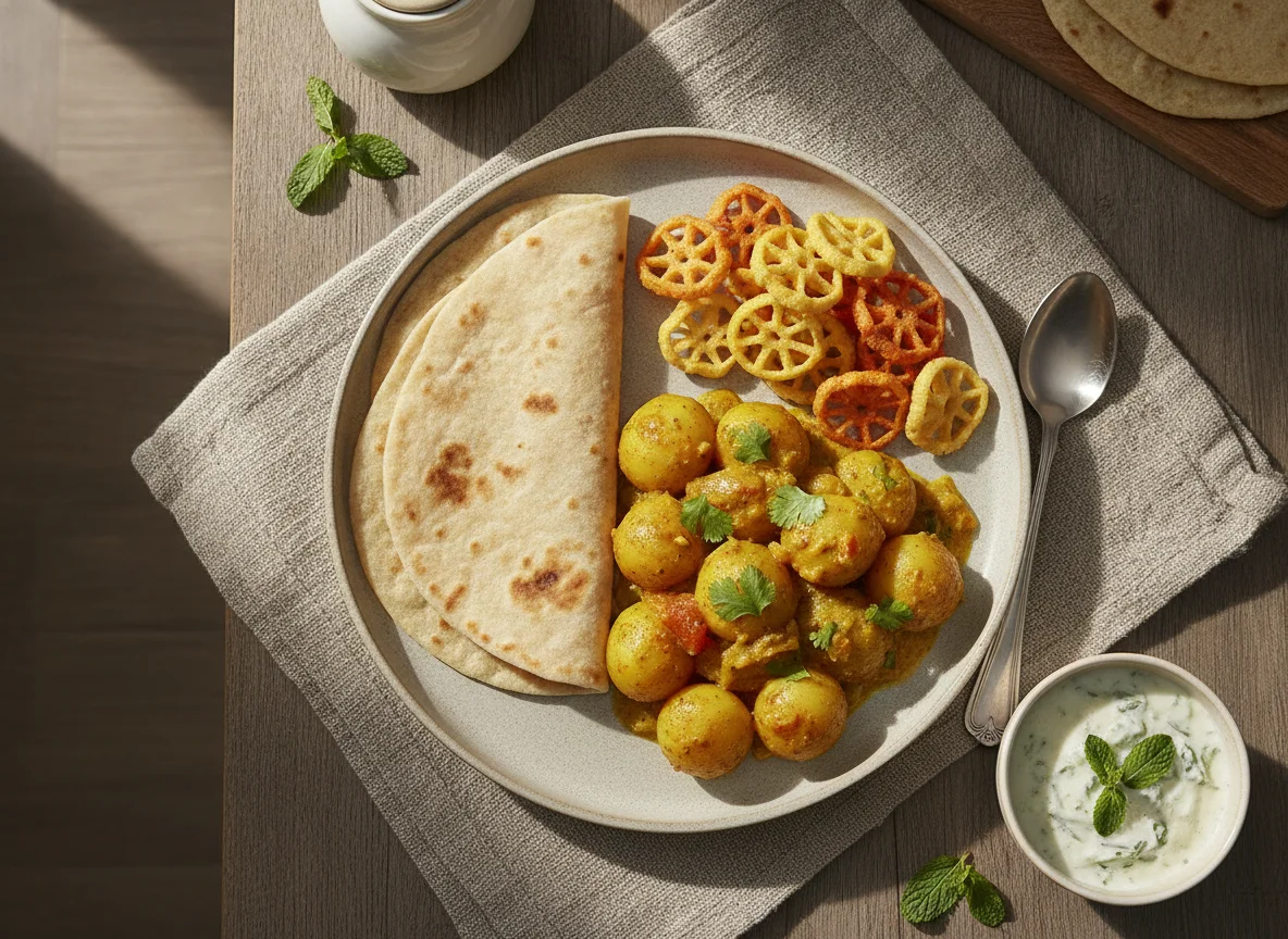 Indian Meal with Potato Curry, Chapati, and Snacks photo